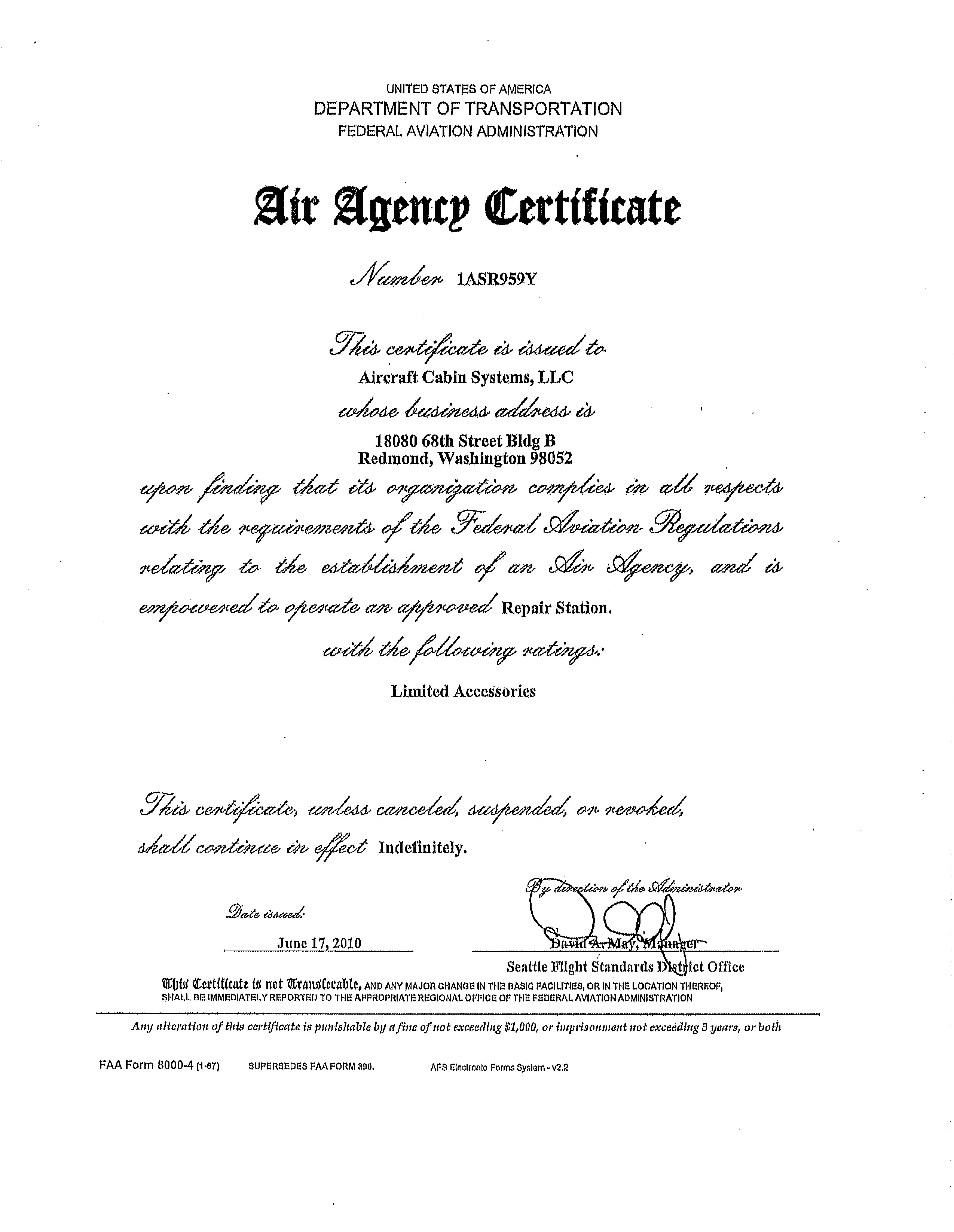 FAA Part 145 Repair Station Certificate